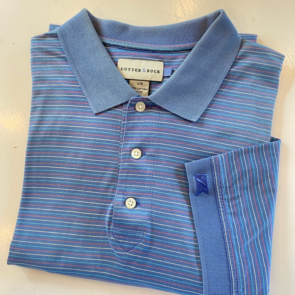 Cutter & Buck Large Blue Striped Polo Shirt
